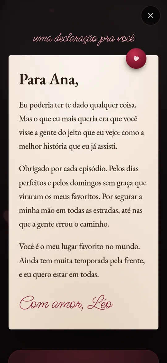 A carta do final aberta, com a declaração de Léo para Ana